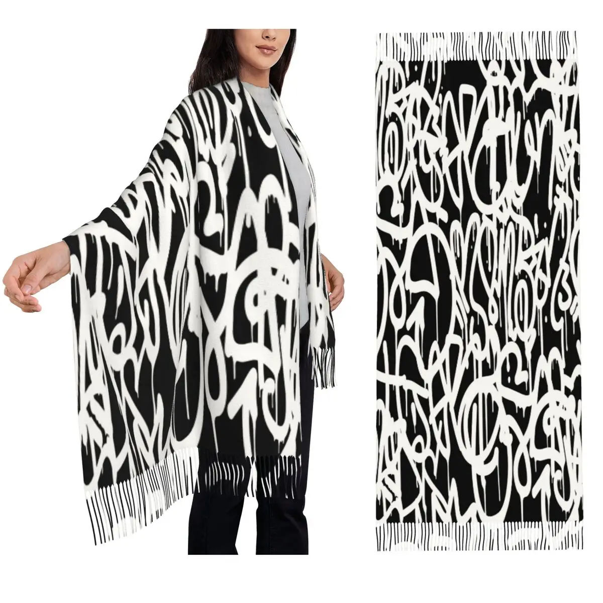 

Черно-белый шарф с граффити, шарфы с кисточками, женские мягкие теплые шали и накидки, длинная осенне-зимняя шаль