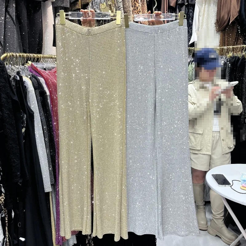 Stage Performance Costumes Heavy Industry Full Diamond Design Casual Pants 2026 Spring New Cool Fashion Long Trousers For Ladies
