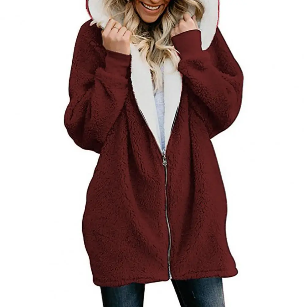 Mit kapuze Long Sleeve Zipper Knopfleiste Taschen Mid-Länge Flauschigen Mantel Frauen Herbst Winter Einfarbig Plüsch Jacke Streetwear куртки