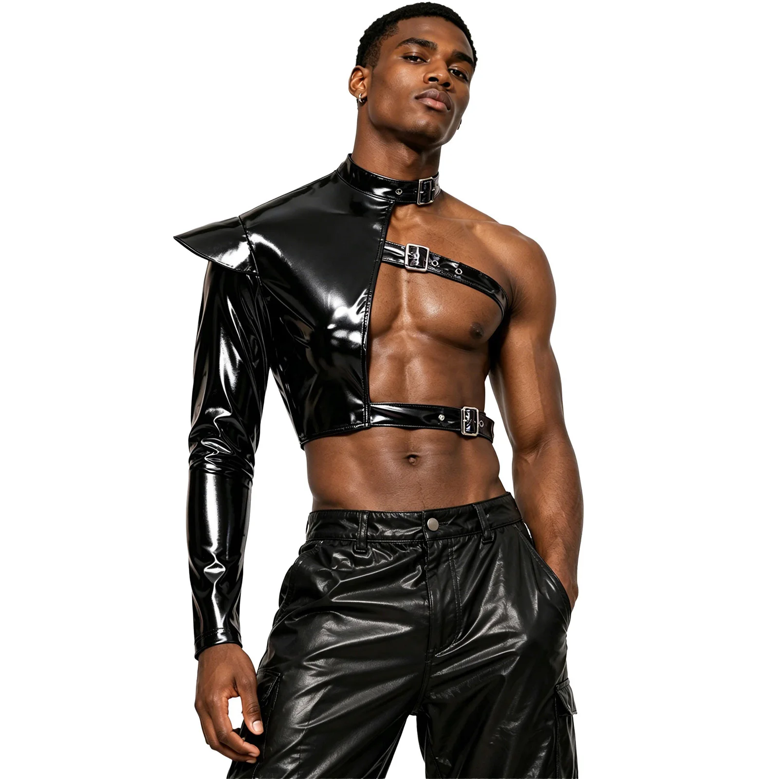 Mens Glossy PU Leather Crop Top Metallic Shiny One Shoulder Arm Sleeve Punk Harness Arm Sleeve Strap Cosplay Costume Accessory