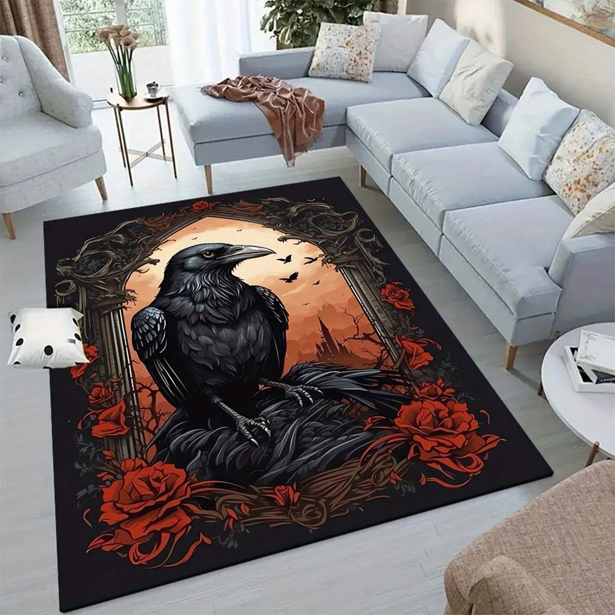 1pc 2D Flat Gothic Crow Red Rose Vintage Frame Printed Floor Mat, Decorative Rug for Living Room, Bedroom, Home