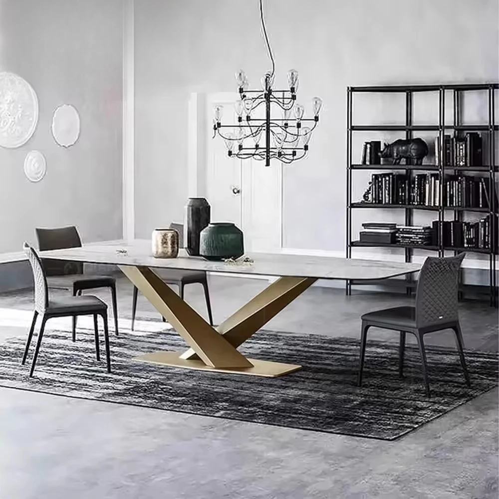 

Qiancheng OME Foshan supplier 6-seat Italian dining table furniture design carbon steel leg dining table