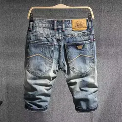 New Korean Style Boyfriend Luxury Clothing Vintage Patchwork Denim Shorts Summer Knee Length Solid Jeans Designer Men's Jeans