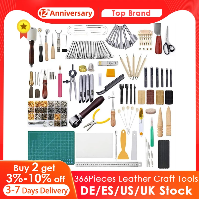 366pcs Leather Craft Tools Leather Tools Craft Stamp with Cutting Mat Rivets Kit and Needles Snaps for Leather Making