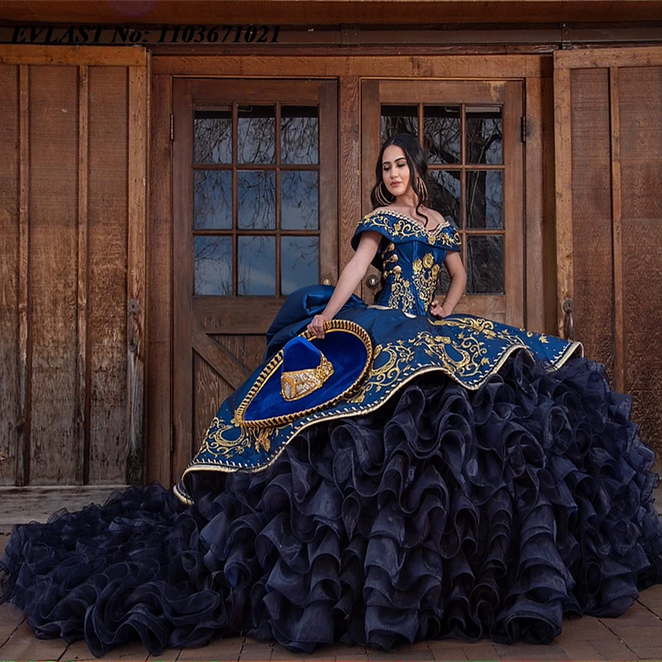 EVLAST Customized Charro Navy Blue Quinnceanera Dress Ball Gown Applique Beaded Ruffles Sweet 16 Vestidos De 15 Anos SQ515