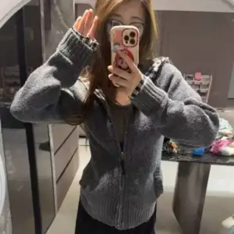 Women Korean Grey Plaid Lined Zip Up Hooded Knit Cardigan Soft Loose Sweater Jacket