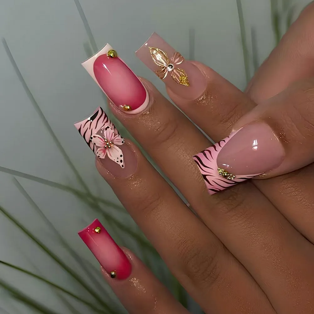 

24pcs Fashion Long Ballerina False Nails Sparkling Pearl Carved Flower Fake Nails French Detachable Press on Nails Women Girls