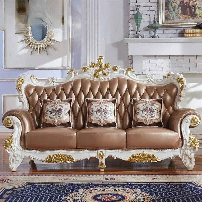 

A16 European sofa full solid wood carving flower first layer cowhide sofa American living room 123L combination sofa