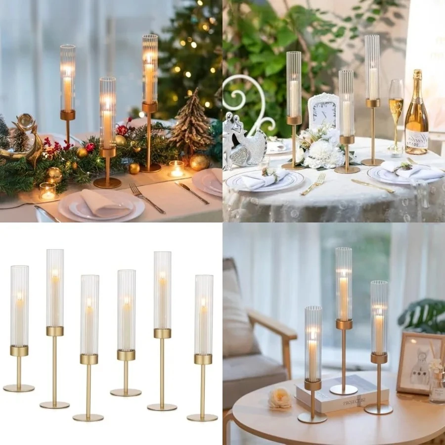 

Gold Hurricane Candle Holders: Brass Candlestick Holders Set of 6 Tall Taper Candle Holders for Candlesticks Candle Sticks Holder Decor for Table Centerpiece Wedding Party Christmas Decorations