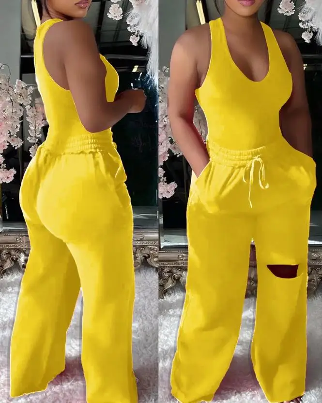 Sets for Women 2 Pieces Summer U-Neck Bodysuit & Drawstring Cutout Solid Color Design Trousers Set 2024 Wide Leg Pants Set