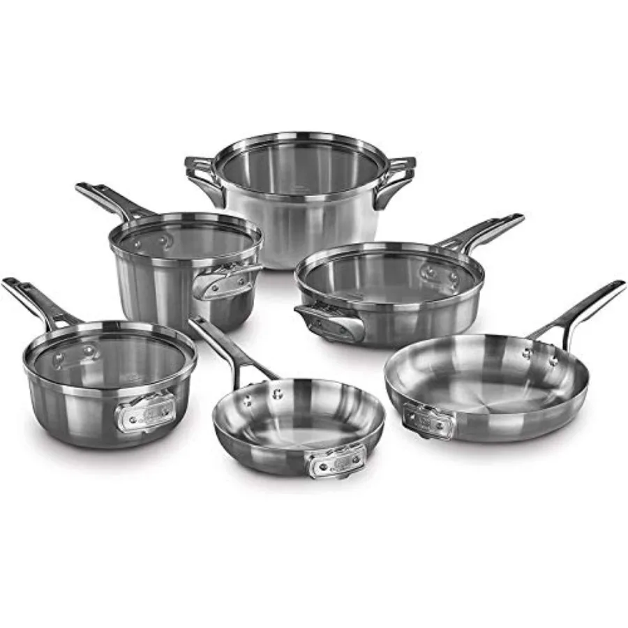 Kitchen stainless steel cookware set, silver, space-saving design for compact storage