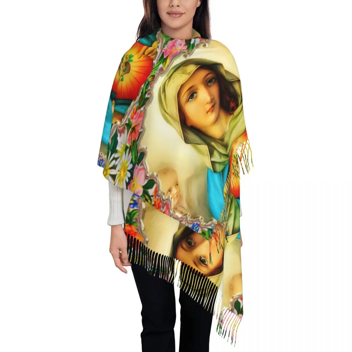 Heart Of Virgin Mary Catholic Saint Scarf for Womens Fall Winter Pashmina Shawls and Wrap Long Large Scarves with Tassel Ladies