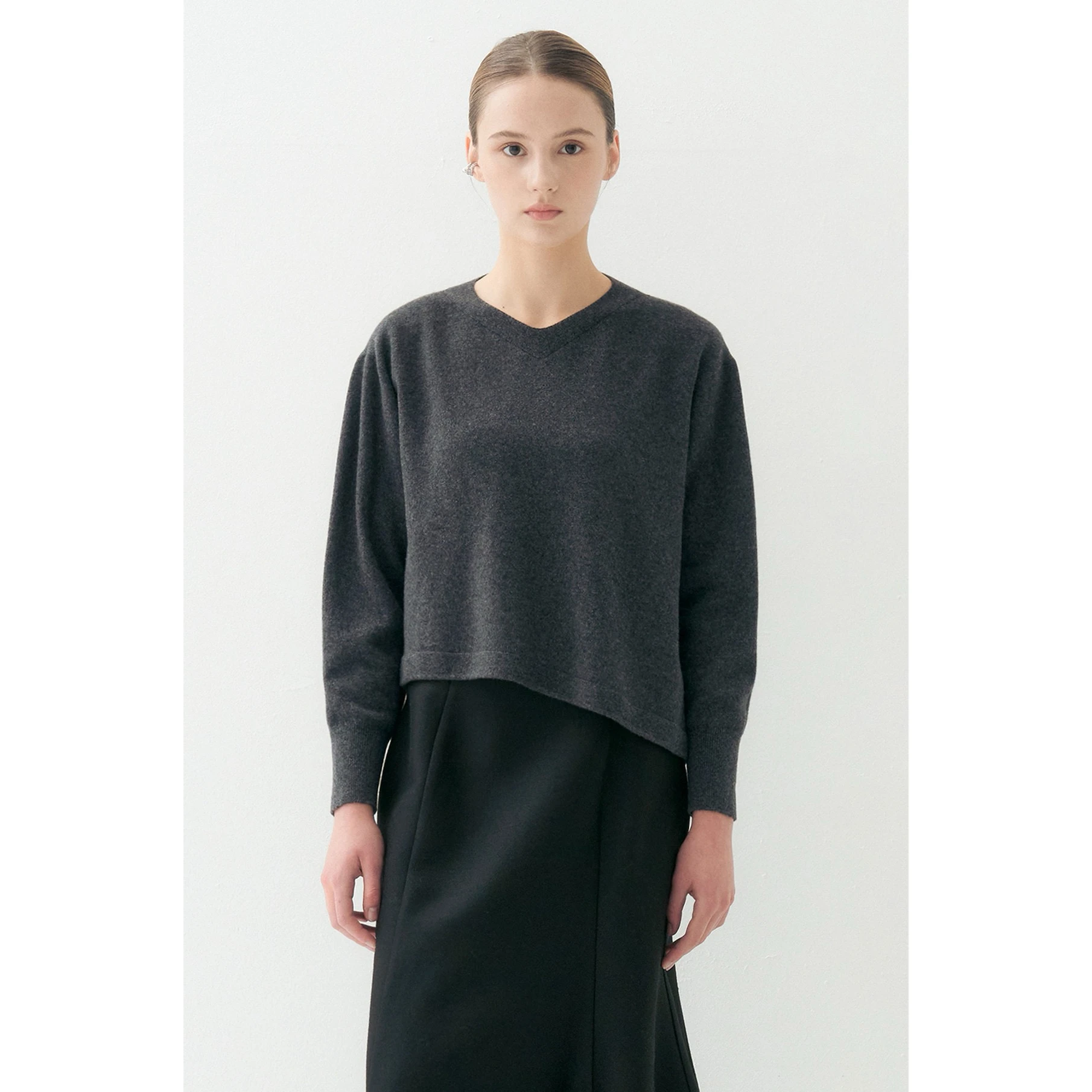 Elegant V-Neck Loose Knitted Sweater Lemon Cheese LAN26 Autumn Irregular Hemline Versatile Cotton Blend Long Sleeve Top