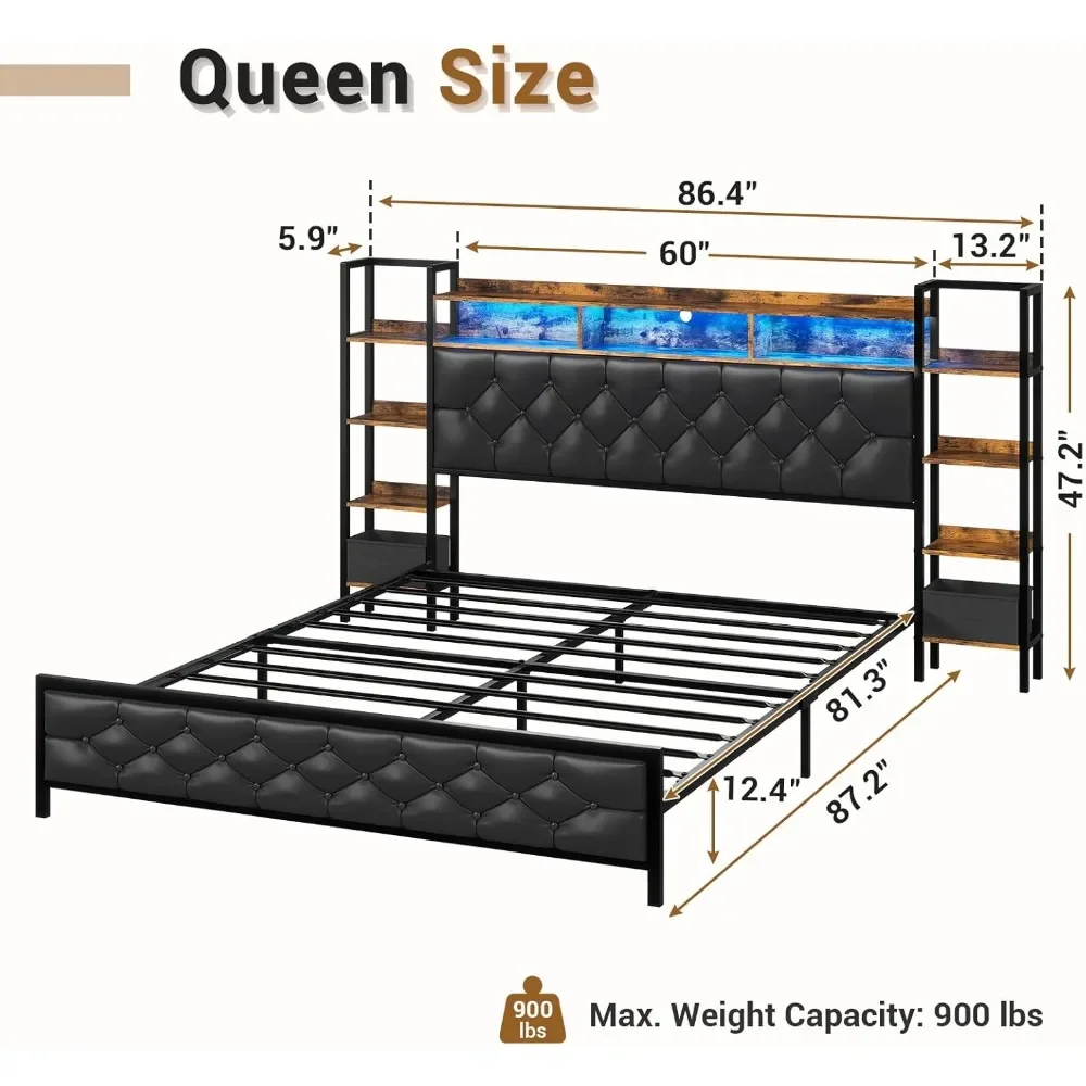 Queen Size Bed Frame with LED Lights and Charging Station, Artificial Leather Headboard, Bookcase Shelves, Farmhouse Bed Frame