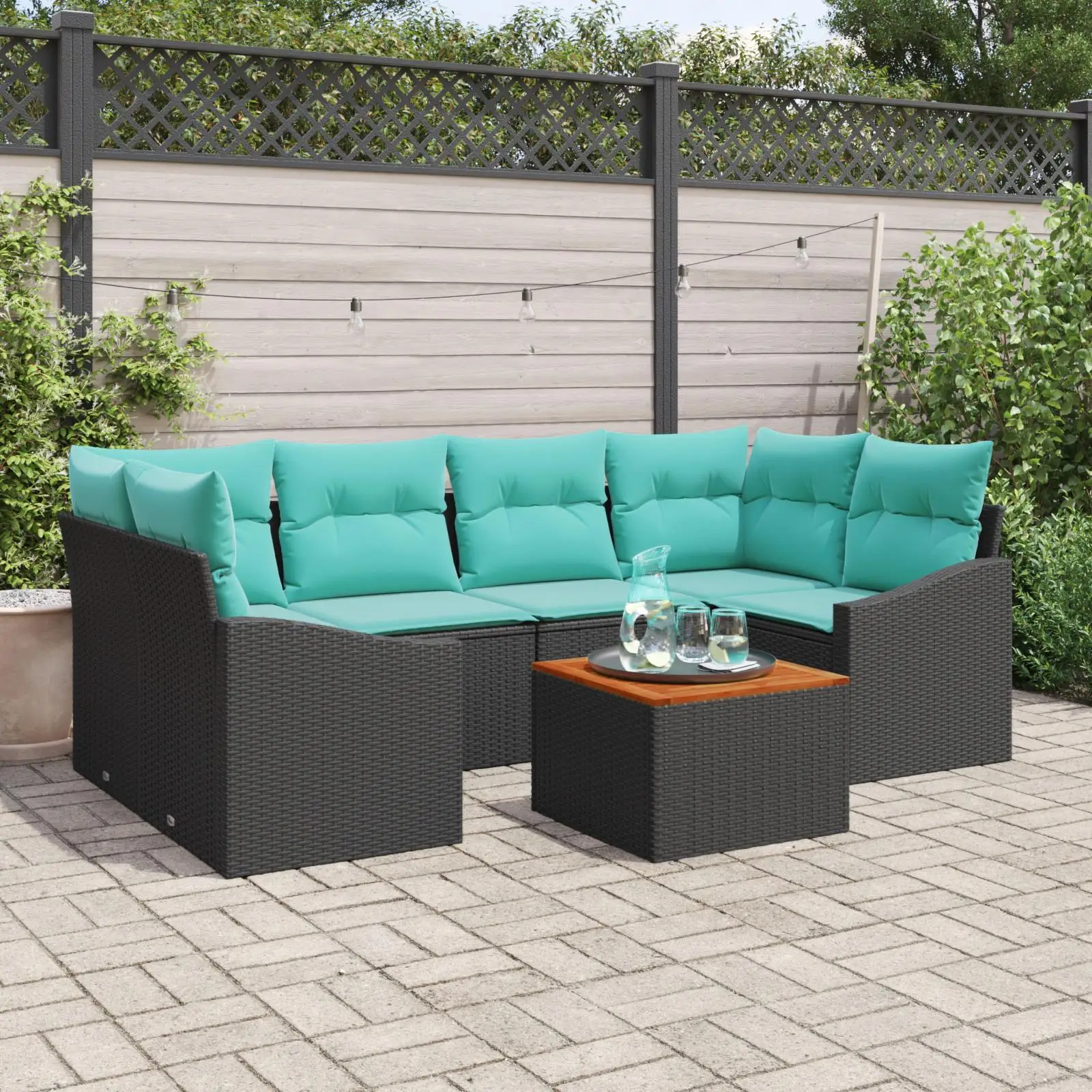 

7 Piece Outdoor Garden Sofa Set Rattan Cushions Acacia Wood Black Patio Furniture