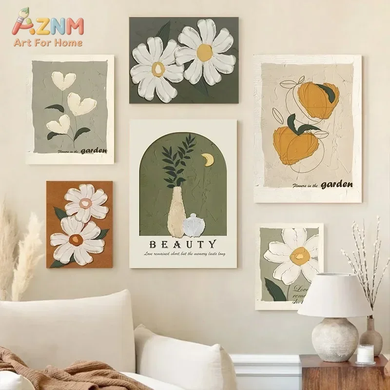 AZNM Vintage Textured Daisy Flower Canvas Wall Art Minimalist Floral Fruit Green Neutral Kitchen Decor Unframed Canvas Poster