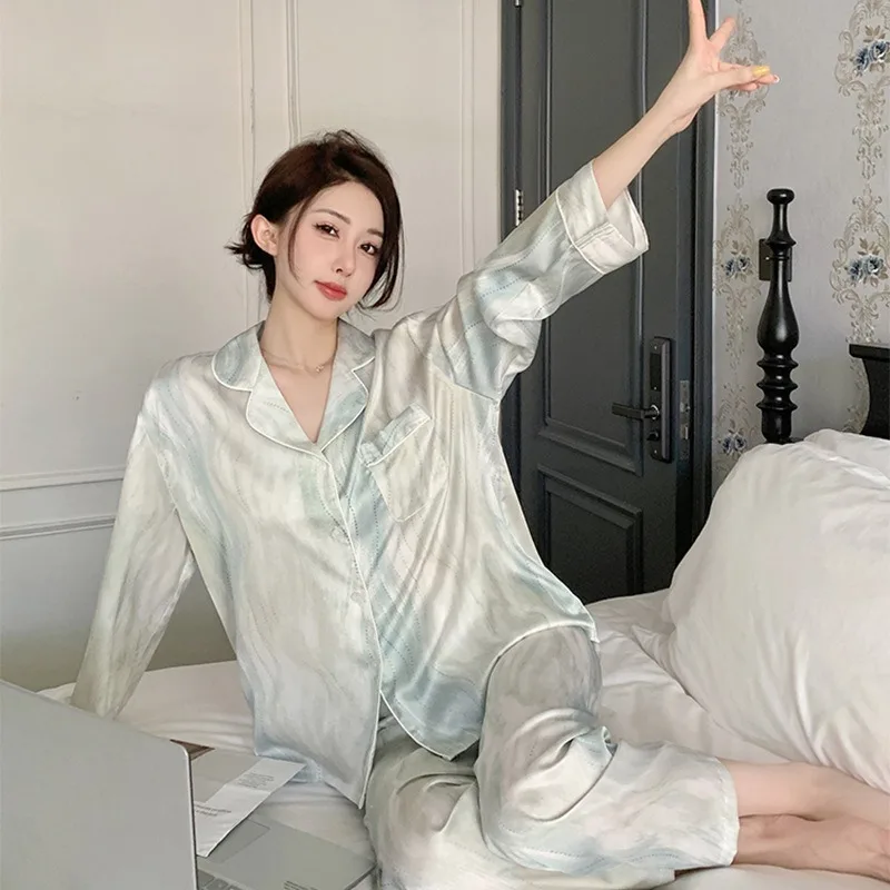 Pajamas for Women Summer Simulated Silk Thin Long-sleeved Suit Spring and Autumn Ice Silk High-end Ink Painting Casual Home Wear