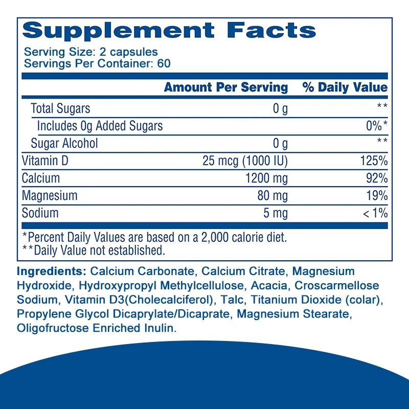 1200 Mg Calcium Citrate and Calcium Carbonate Blend with 1000 IU Vitamin D3, Bone Health Supplement for Adults