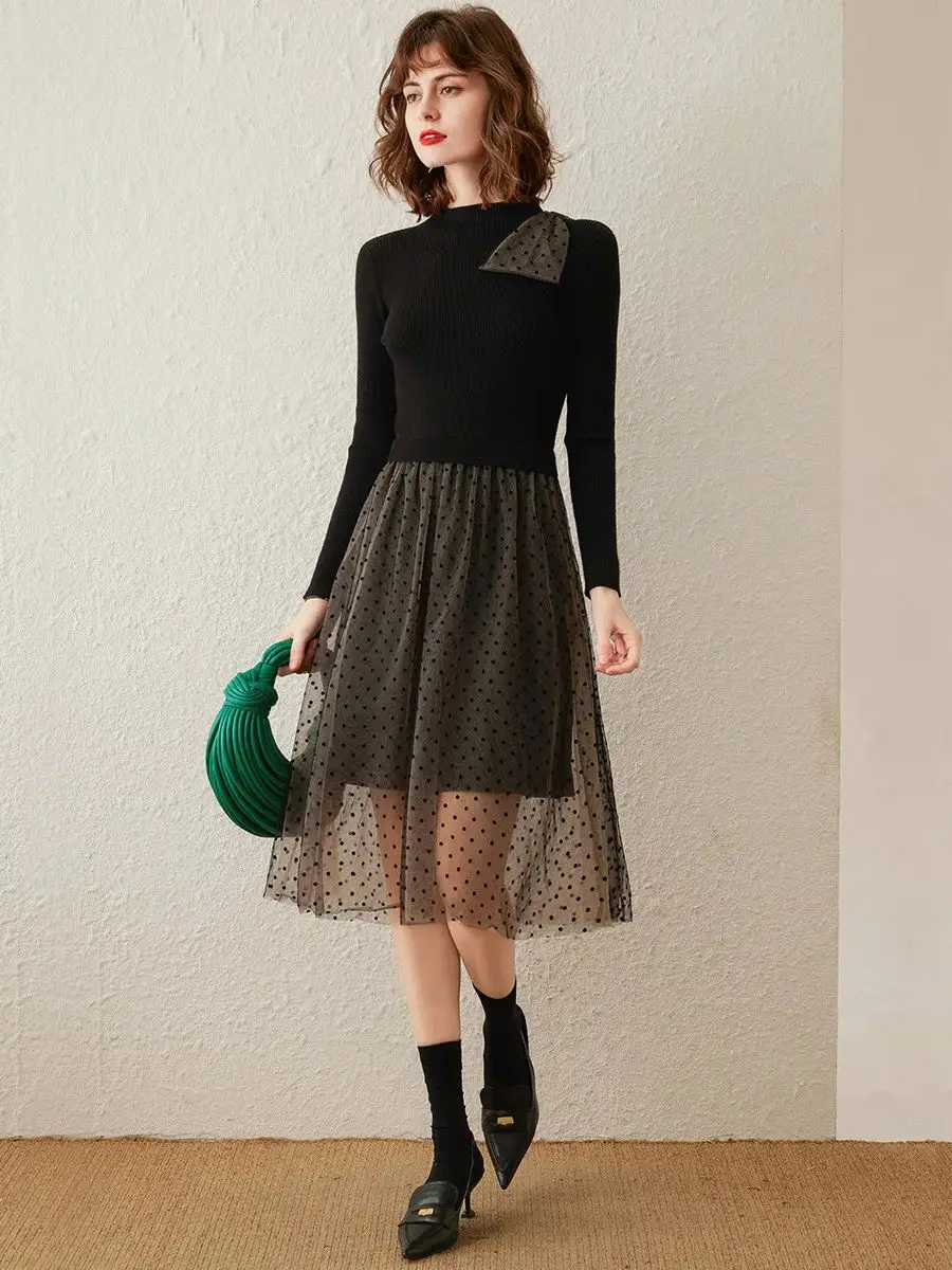 LOUIS YAO Women Dress 2024 Spring Wave Point Mesh Dress Mid Length Elegant Slim Fit Bow Fake Two Pieces Knit Dress for Women