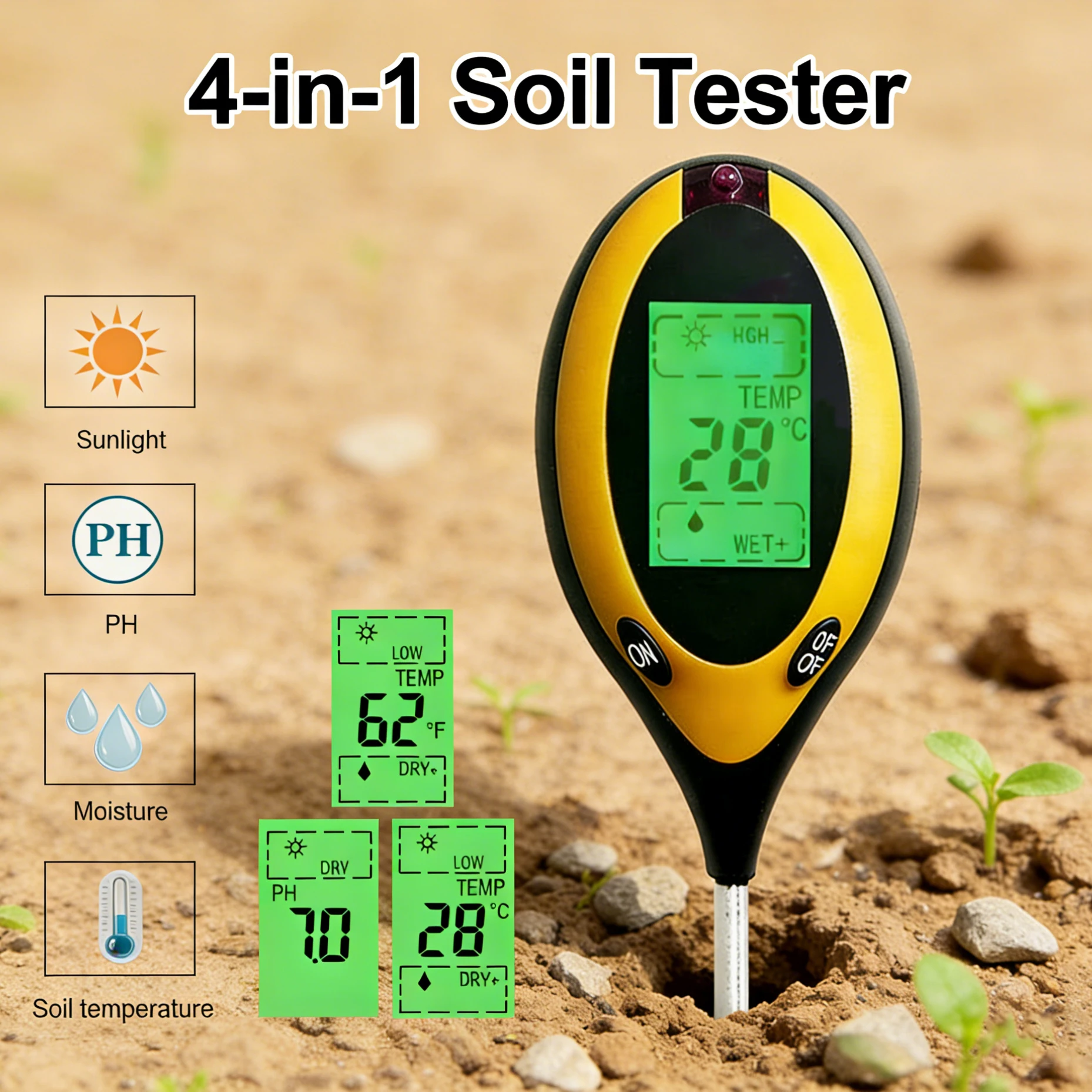 Soil PH Tester 3 In1 4 In1 PH Light Moisture Acidity Tester Soil Tester Moisture Meter Plant Soil Tester Kit for Flowers