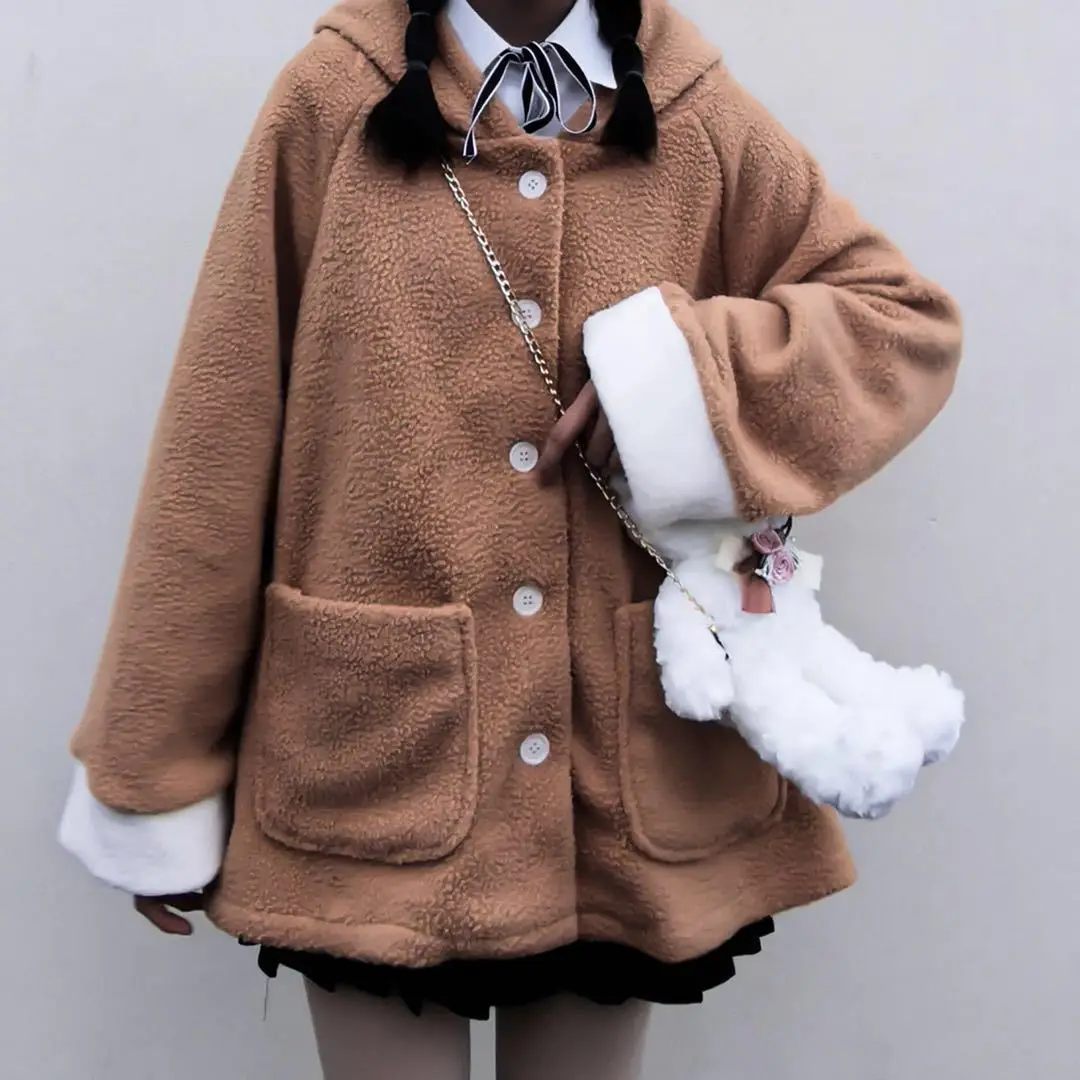 New Korean version of the soft girl student loose wild cute bear ears hooded imitation lamb hoodie female lolita cosplay clothes