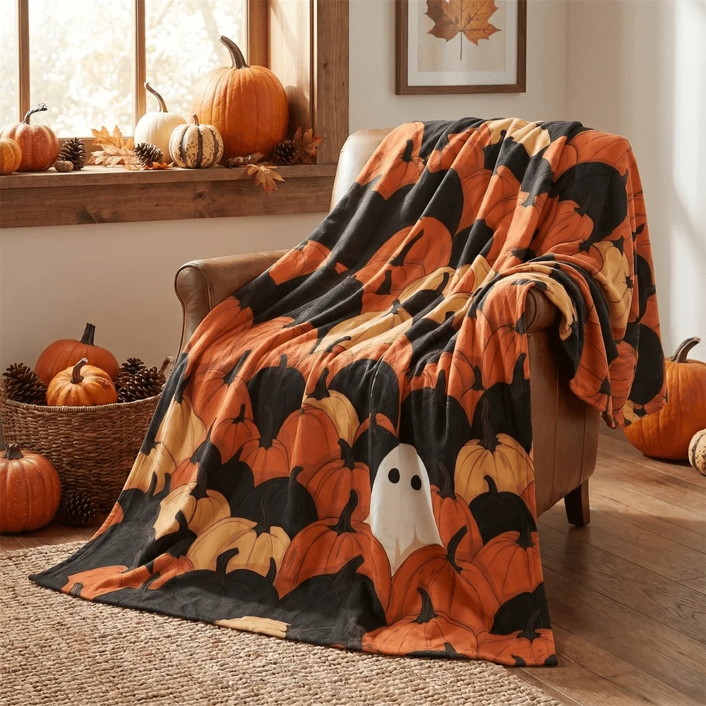 Classic Pumpkin And Tiny Ghost Pattern Soft Flannel Throw Blanket Warm Cozy Blanket For Sofa Bed Autumn Halloween Household