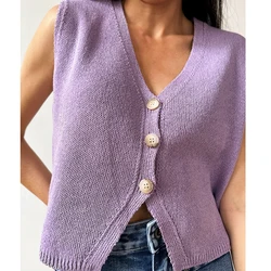 Spring Autumn Women's y2k Solid Button V-Neck Sleeveless Sweater Knitted Cardigan Vests Casual Fashion Office Lady Elegant Tops