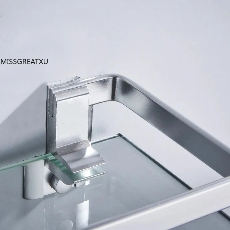Wall Mount 1-Tier Bathroom Glass Storage Shelf Aluminum Alloy Support Multi Sizes Optional Washroom Cosmetic Organizer Rack