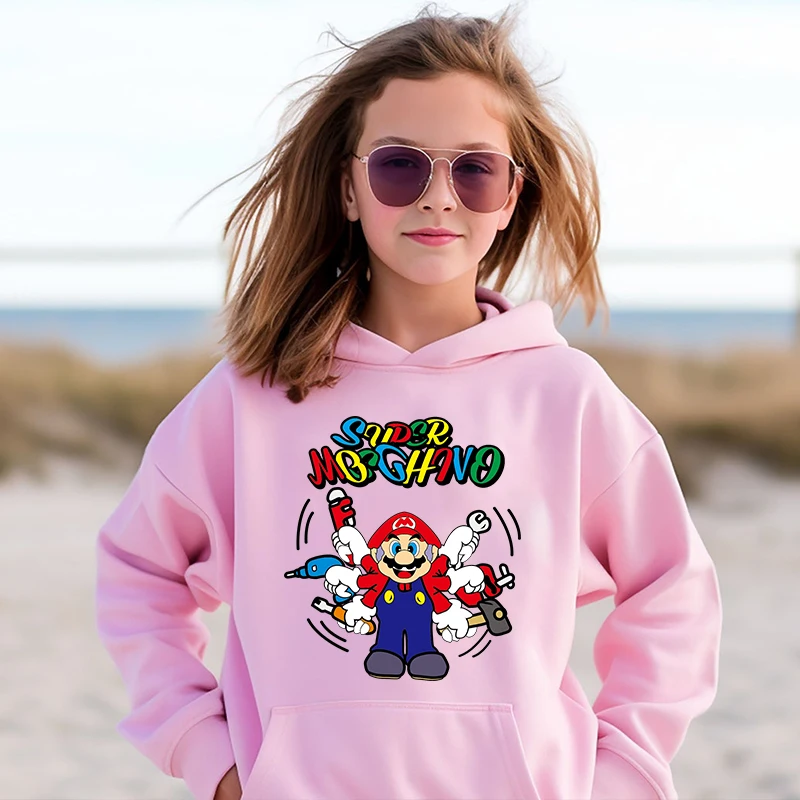 Mario print children's clothing kids hoodie pink sports top autumn and winter sweater for girls