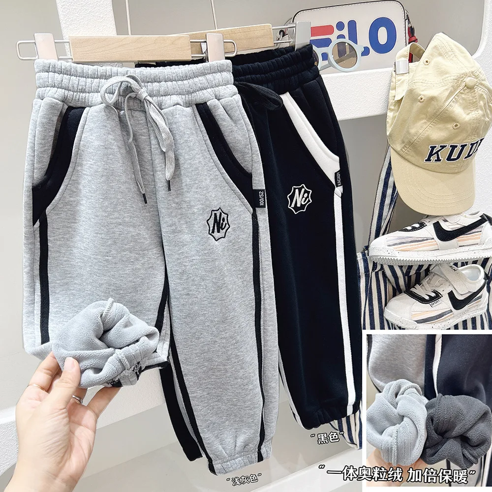 2024 Autumn Winter Childrens Boys Pants Elastic Waist Loose Fleece Warm 3-10 Years Boys Sports Pants Kids Baby Boys Trousers