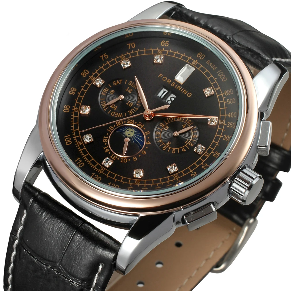 

Часы наручные мужские автоматические, многофункциональные механические водонепроницаемые элегантные с кожаным ремешком, с Лунной фазой, 2024