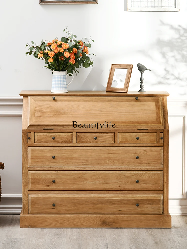

Nordic Retro Solid Wood Storage Chest Flip Desk Bookshelf