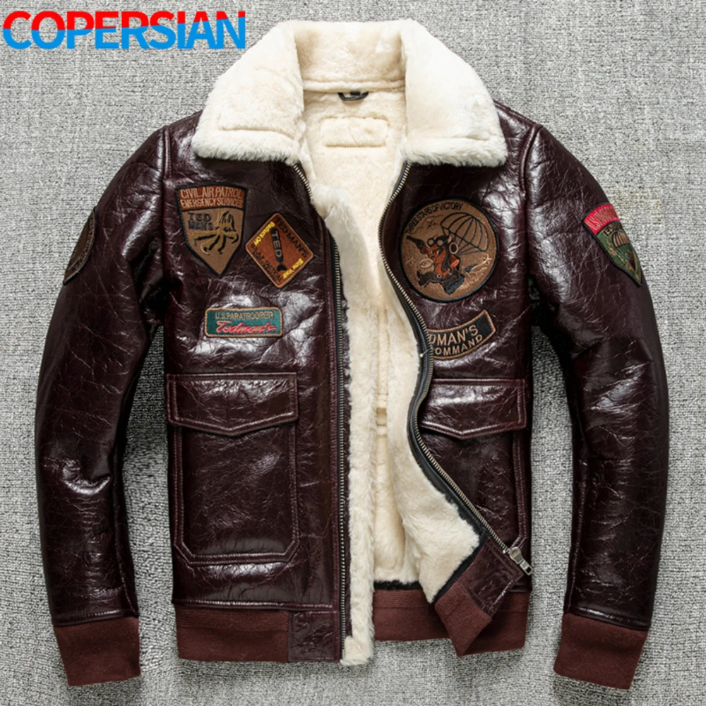 

Winter Men's Inner Embroidery, Leather Slim Fit Thermal Jacket with Fur Collar Burgundy 5XL