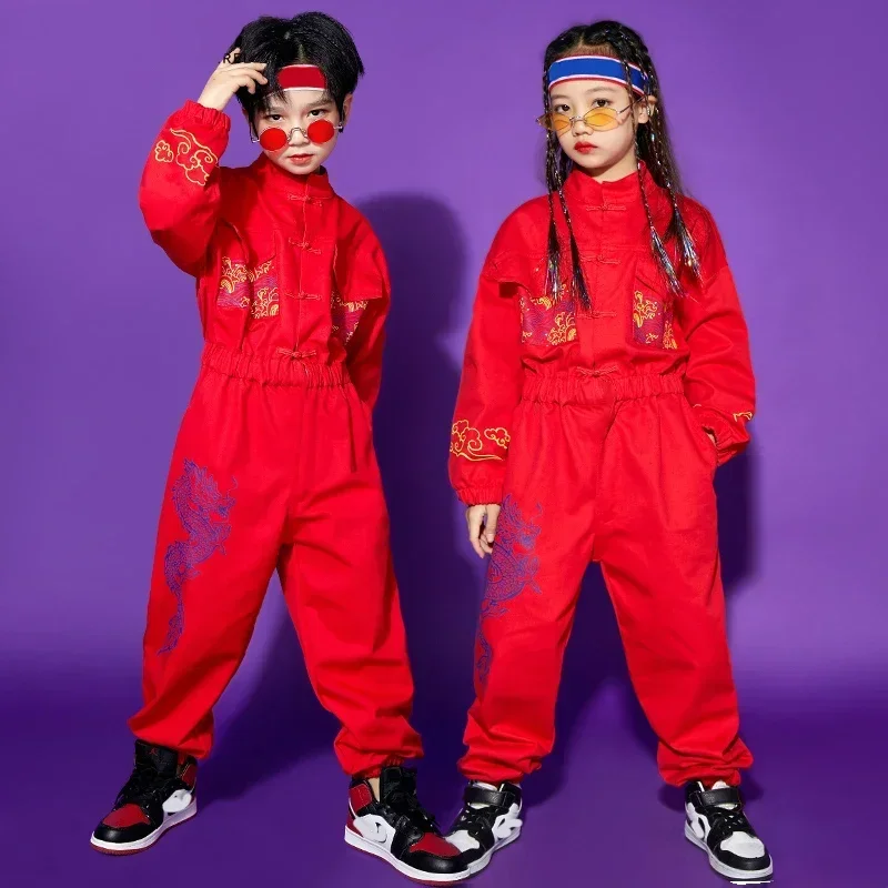 

Modern street dance stage performance costumes for boys, red Chinese New Year's clothing, children's jazz hip-hop jumpsuits