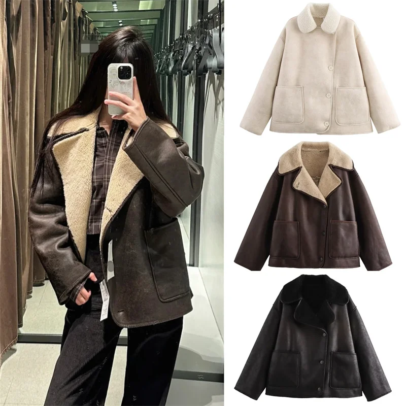 

Женская куртка, осень 2023, новый стиль, однотонная куртка из искусственного меха с длинными рукавами, повседневная и стильная теплая куртка