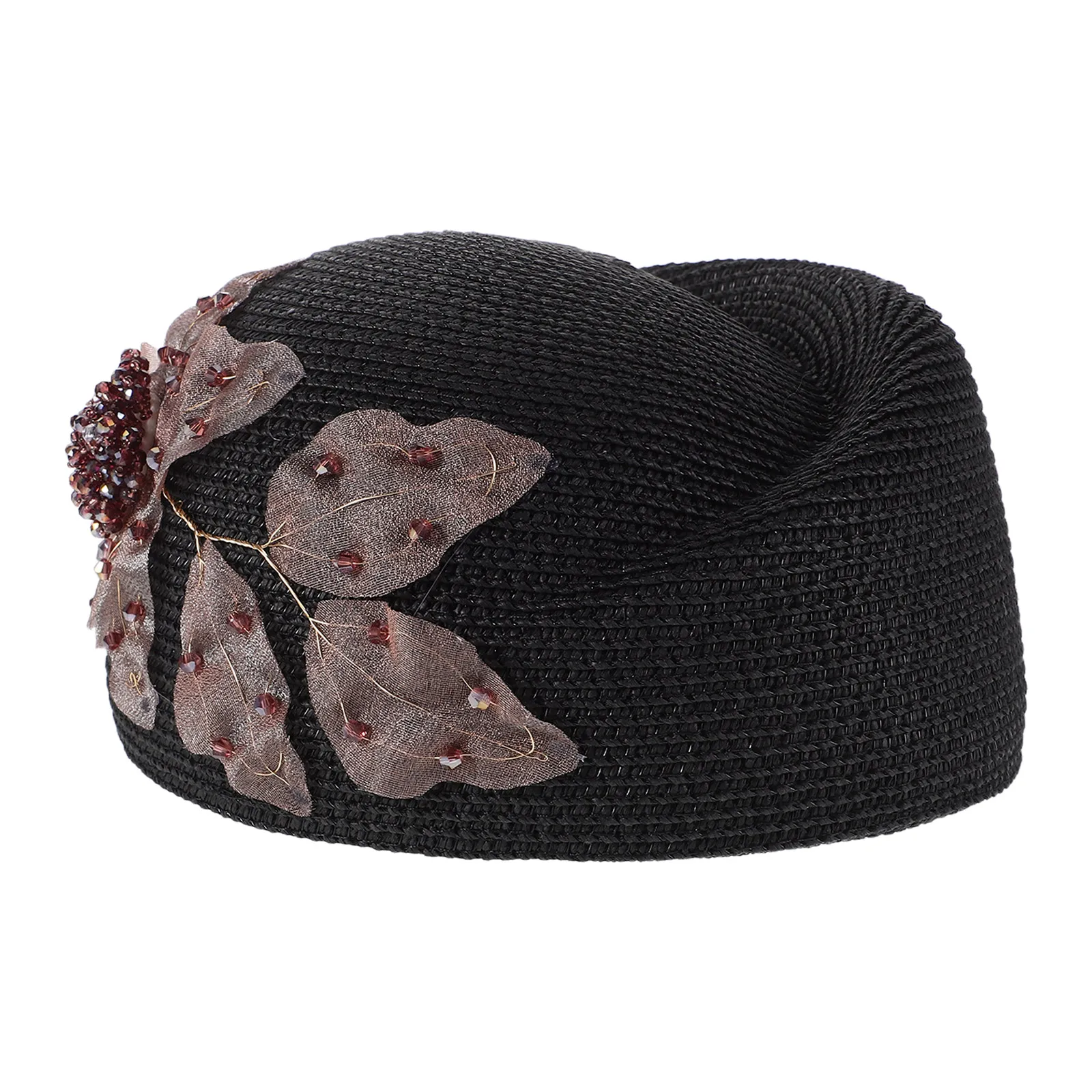 

Handmade Beaded Woven Artist Hat Hat for Women Black Summer Cap Floral Design Stylish Professional Wear Durable