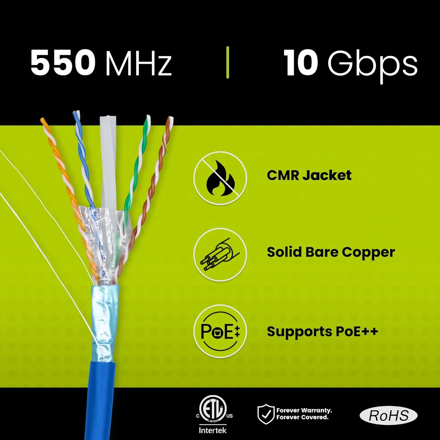 Cat6 Shielded Riser (CMR), 1000ft, Blue, 23AWG Solid Bare Copper, 550MHz, PoE++ (4PPoE), ETL Listed, Overall Aluminum