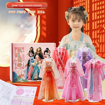Kit stilista per ragazze con 5 manichini e 5 set DIY Hanfu Dress Arts and Crafts Kit Kit da cucito per regalo per bambine