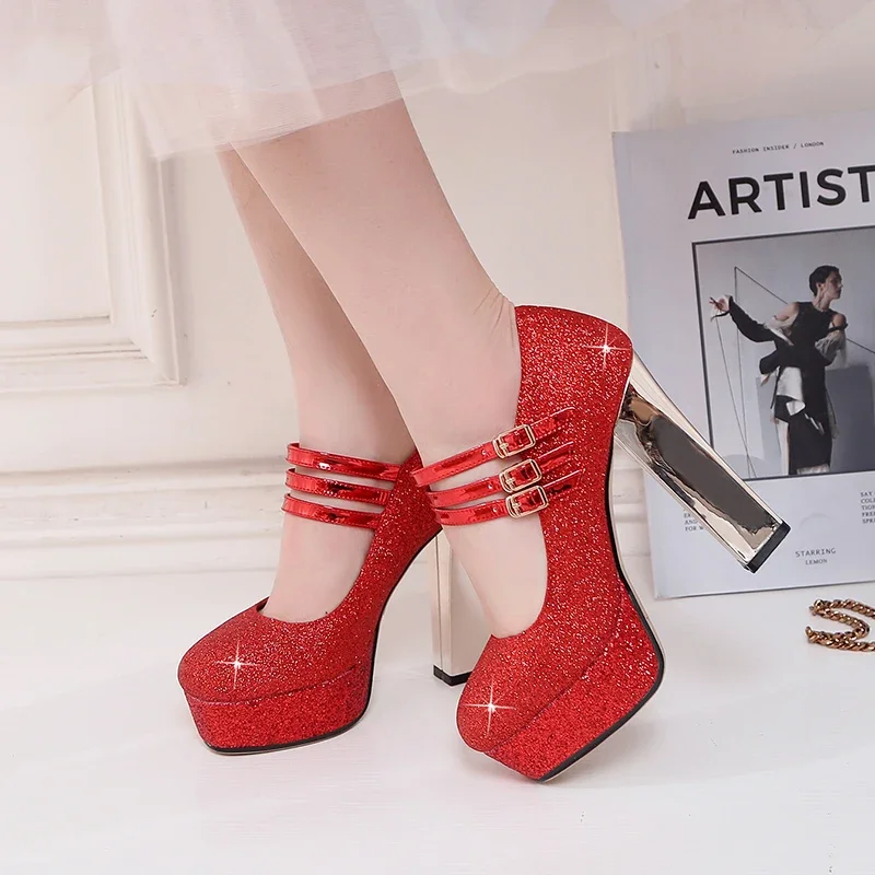 Silver Gold Bling Wedding Party High Block Heel Women Platform Pumps Red Sequined Cloth Round Toe Bridal Office Ladies Mary Jane