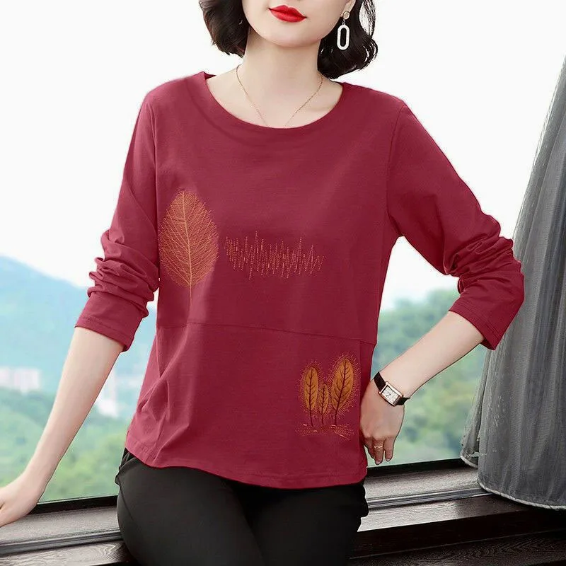 

Women New Summer Solid Round Neck Print Fashion Versatile Long Sleeve Loose Commuting Simple Temperament Korean Edition Top