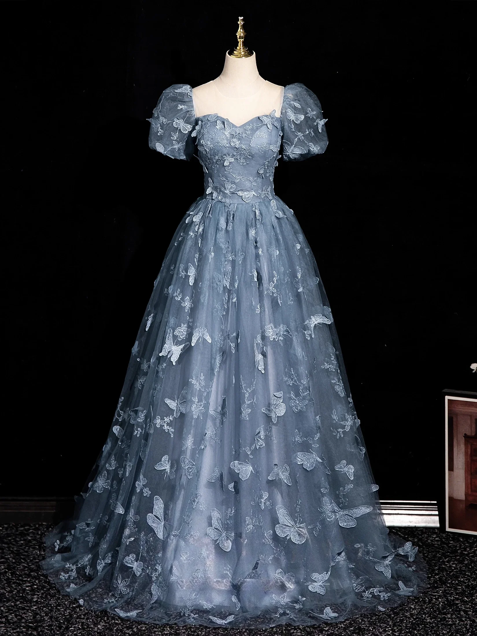 Women's Tulle 3D Butterfly Prom Dress Formal Evening Party Blue Adult Ceremony Birthday Graduation Gown