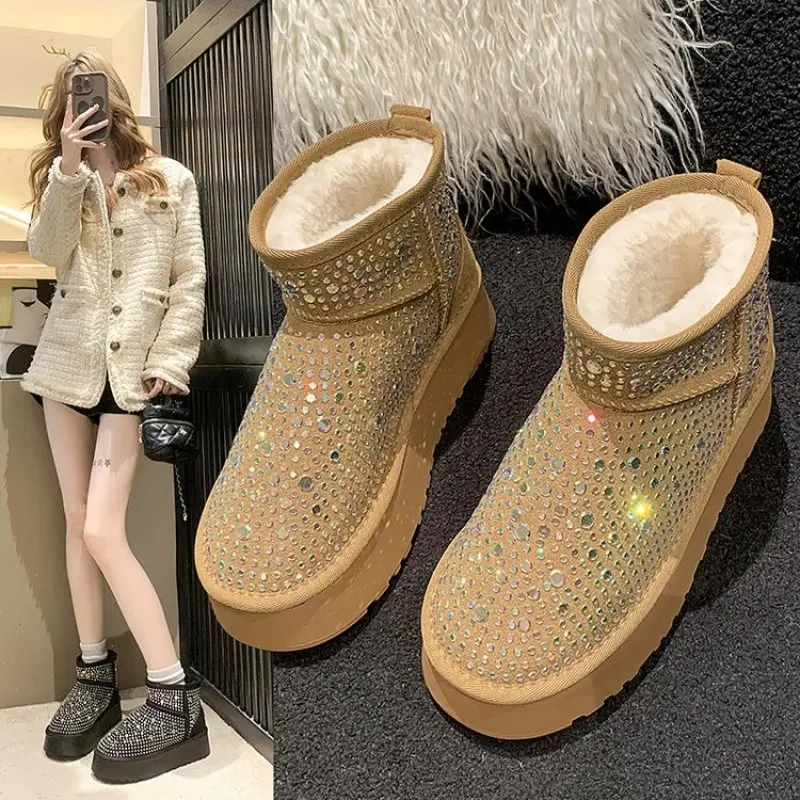 

NEW Full Diamond Womens Snow Boots Waterproof Leather Plush Warm Flat Shoe Crystal Slip-On Soft Sole Anle Ankle Boots Fashion