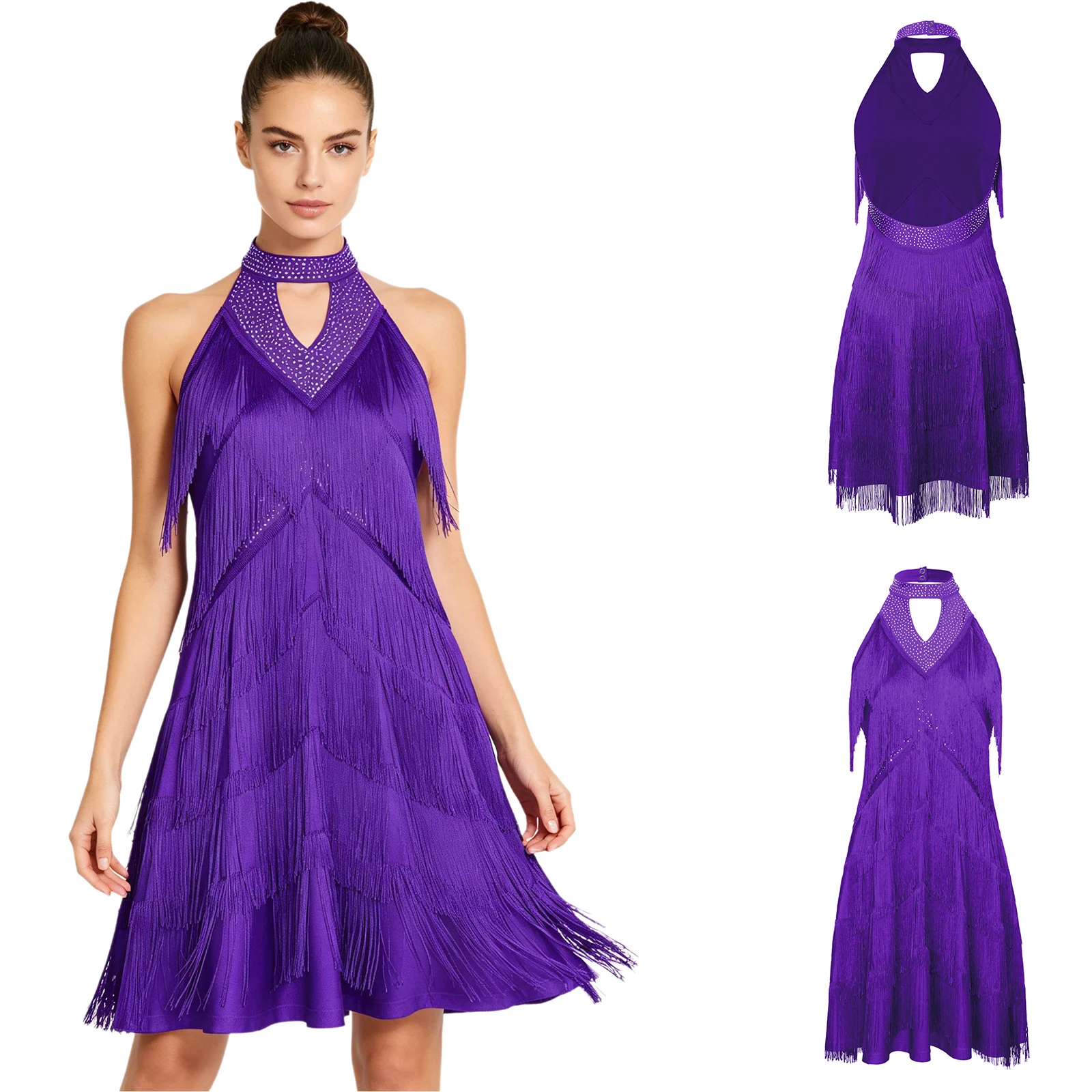 Vestido de baile latino de tango para mujer con pedrería, flecos escalonados, sin espalda y cuello halter, ideal para Samba, Flamenco, espectáculos y galas.