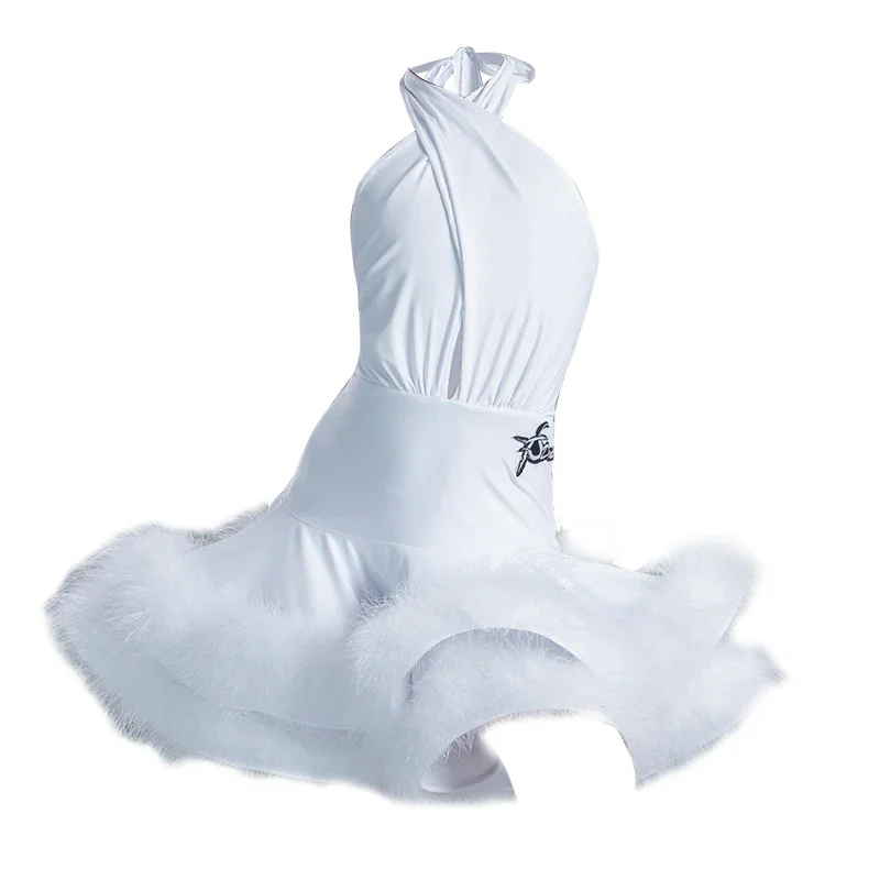 White Fur Latin Dress Ballroom Competition Clothes Dresses Kids Chacha Salsa Dresses Girls Professional Latin Dance Dress