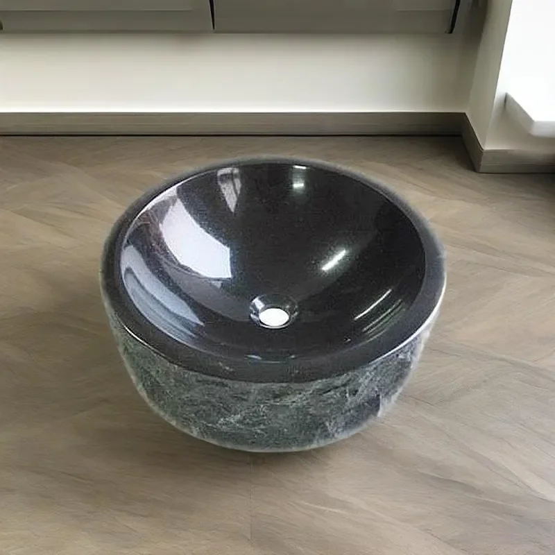 Round Black Marble Vessel Sink Rough Surface Art Basin for Hotel Engineering Project Bathroom Countertop Washbasin