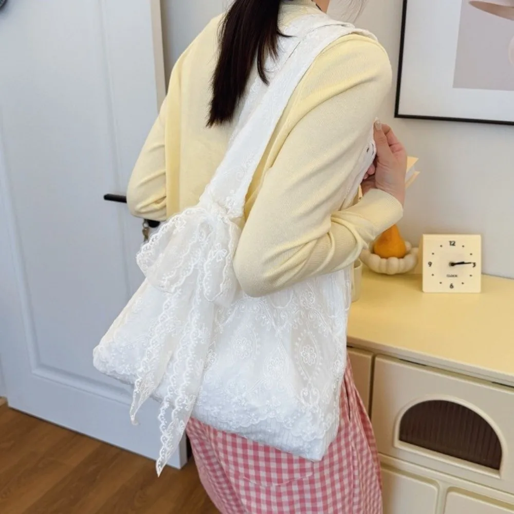

Storage Bag Embroidery Lace Shoulder Bag Tote Bag With Ribbon Canvas Handbag Cloth Korean Style Large Capacity Bag Couple