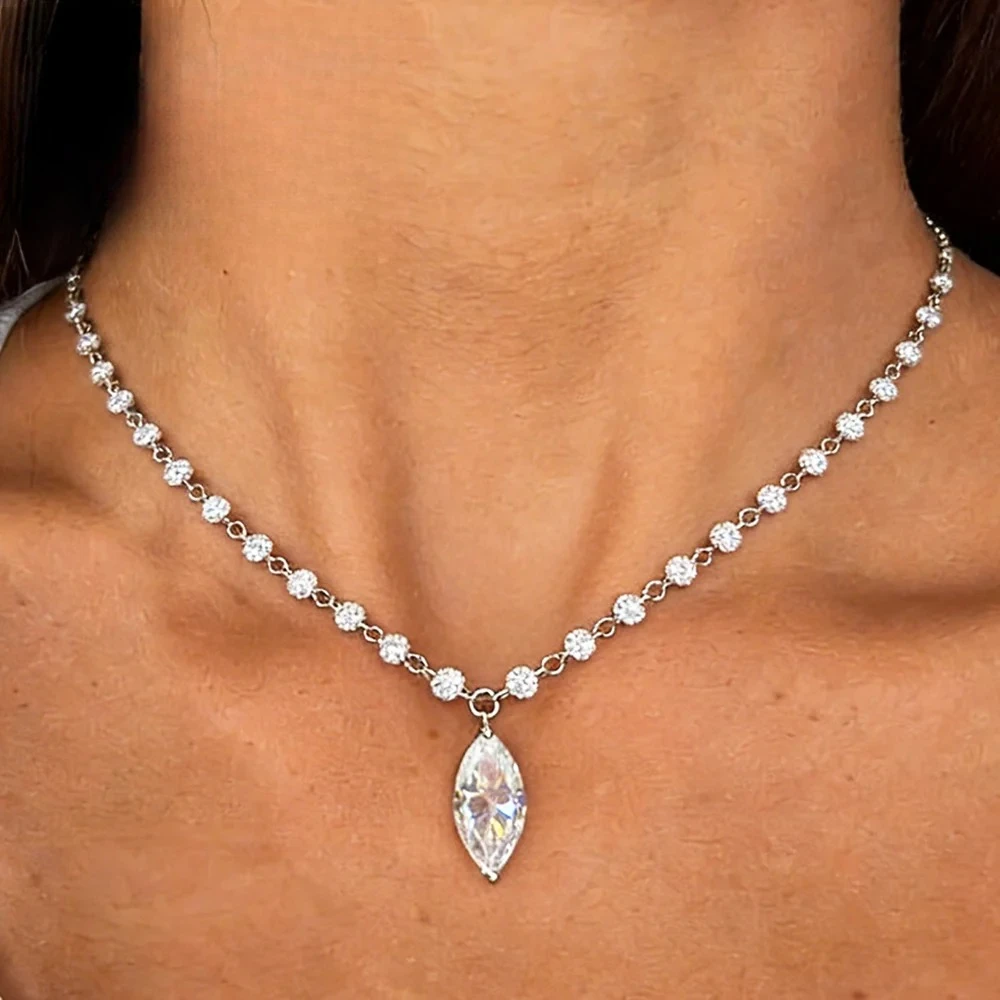 

3MM Round Bubble Moissanite Diamond Tennis Neclace With 3carat Marquise Cut Pendant Neck Chain For Women 925 Silver Fine Jewelry
