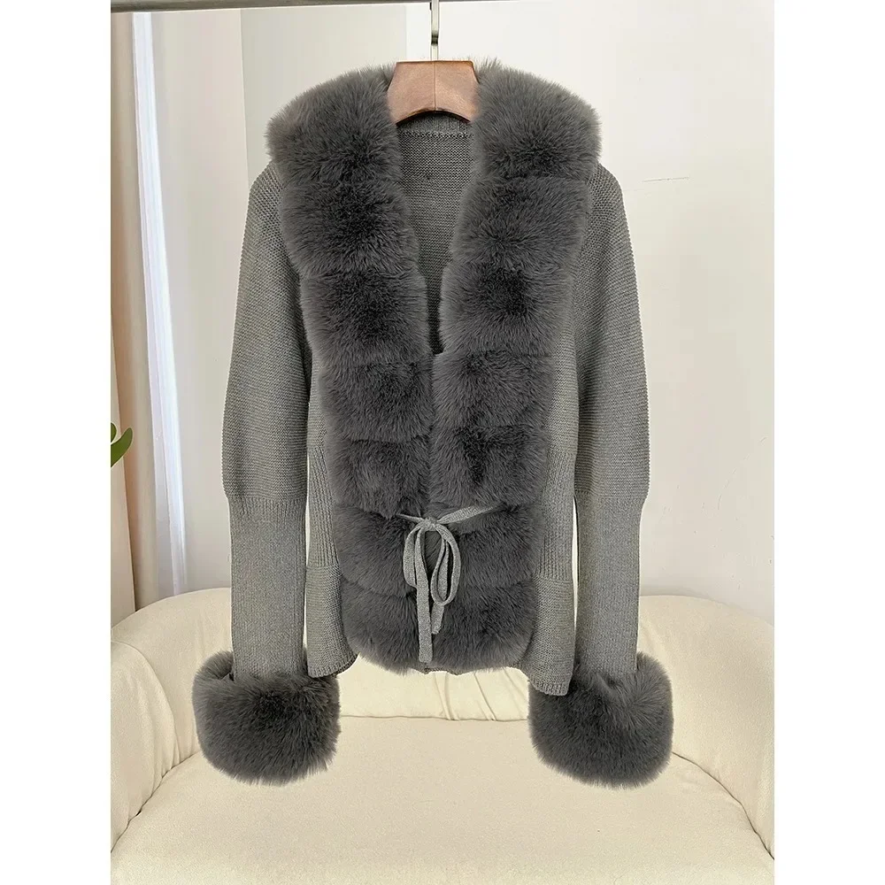 Autumn/Winter 2024 Women's Fur Coat Luxury Patchwork Knitted Sweater Bandage Fur Cardigan Detachable Collar Jacket Faux Fur Coat