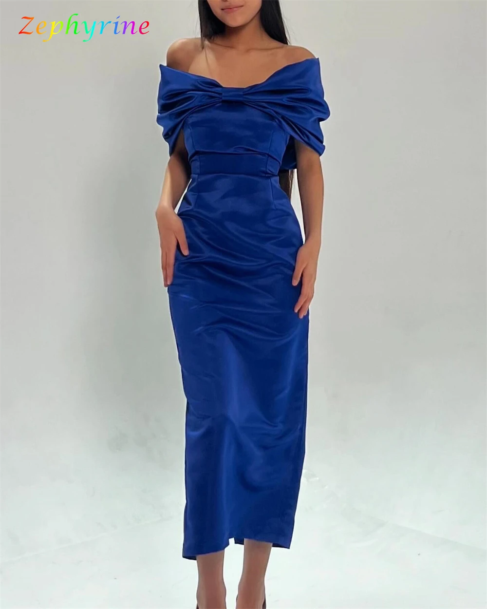Customized Mermaid Exquisite Blue Satin Evening Dress Classic Off the Shoulder Sleeveless Homecoming Dresses Vestido De Festa