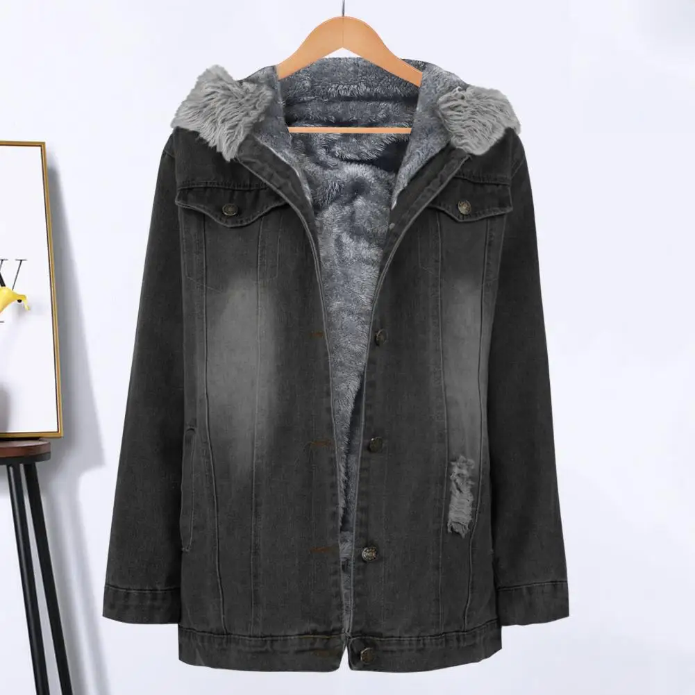 

Hooded Collar Jacket Women Distressed Denim Jacket Cozy Winter Women's Denim Coat with Furry Hood Plush Lining for Windproof